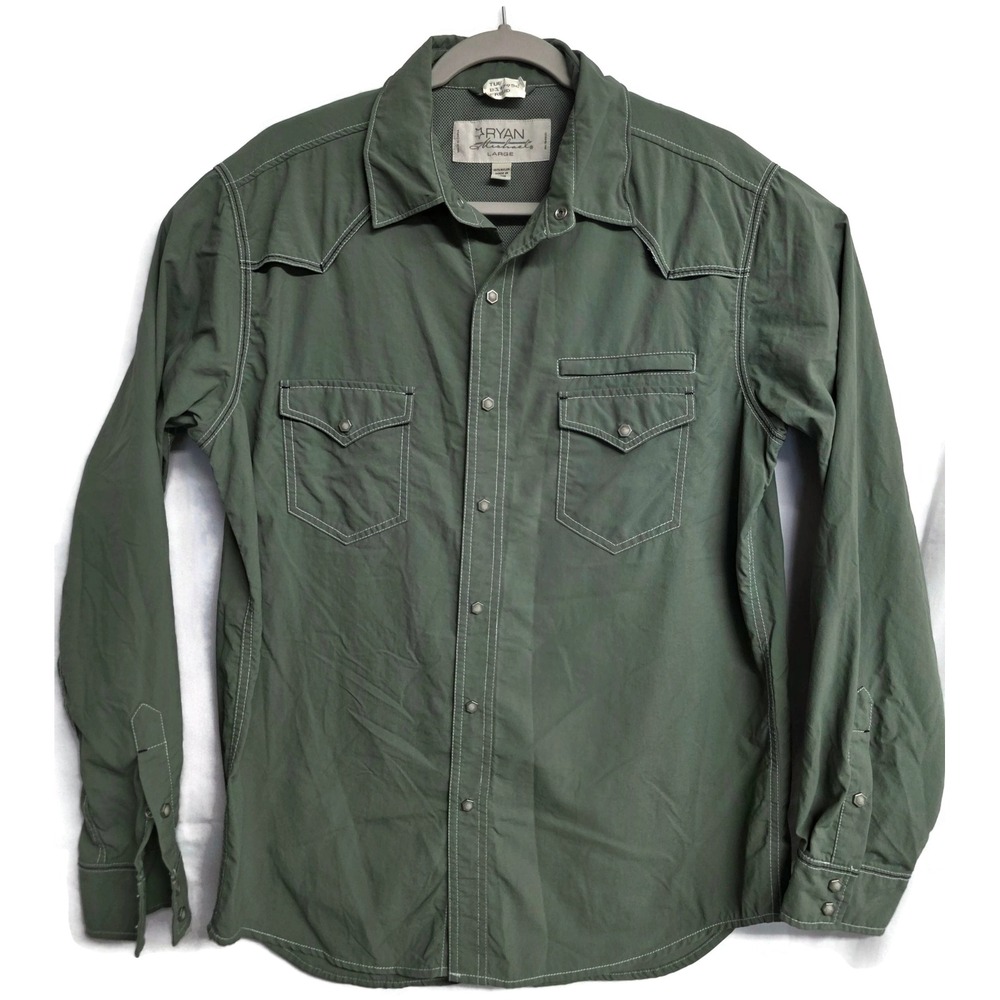 Ryan Michael Mens Western Snap Shirt Olive Green Nylon V-Yoke Mesh Lined Large